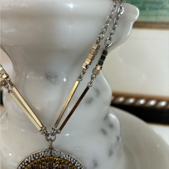 Chico’s Retired Bohemian Disk Silver Gold Tone Sparkle Necklace - Picture 6 of 7